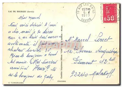 Jezioro Bourget — Pejzaż panoramiczny z zasnieżonymi górami — Wydawca Combier, nr 73.999.00.0001 — Rewers