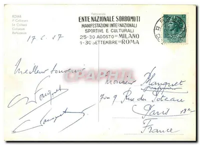 O Coliseu em Roma — Bilhete postal antigo editado pelo Ente Nazionale Sordomuti, datado 17.6.17 — Verso