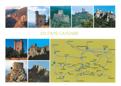 No País dos Cátaros — Carta postal ilustrada com mapa rodoviário e fotos de castelos