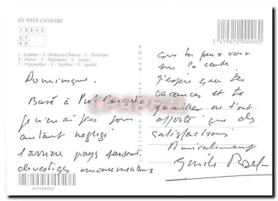 No País dos Cátaros — Carta postal ilustrada com mapa rodoviário e fotos de castelos — Verso