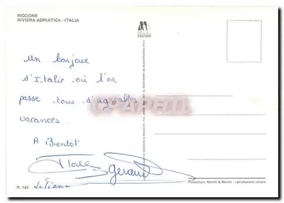 Riccione — praia, parque aquático e veleiros — Éditions Marchi & Marchi, n° R.147 — Verso