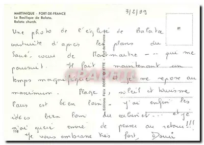 Martinique - Fort-de-France — A Basílica de Balata — Edições Félix Rose-Petitte, n°178 — Verso