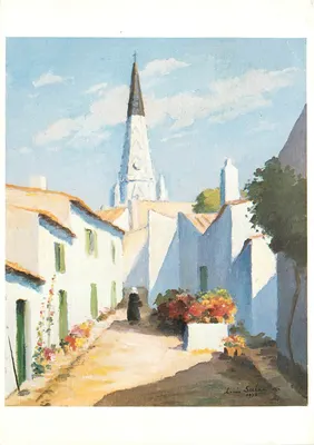 Ruela florida e torre de igreja preta e branca — Pintura de Louis Suire — Éditions Mélusine La Rochelle
