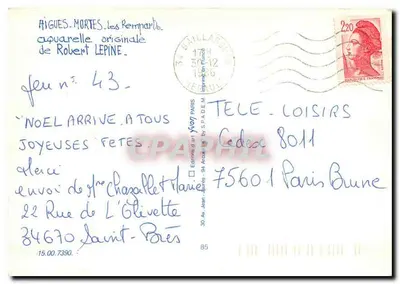 Aigues-Mortes. Os Muros — aquarela original de Robert Lepine, edição S.F.A.D.E.M. n° 43 — Verso