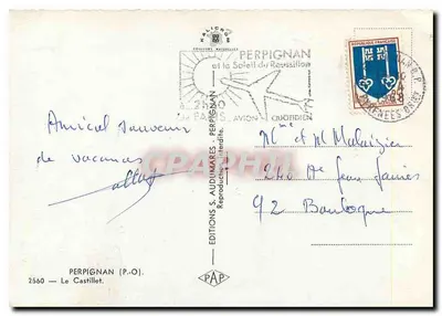 Bilhete postal moderno Perpignan P O Le Castillet — Verso
