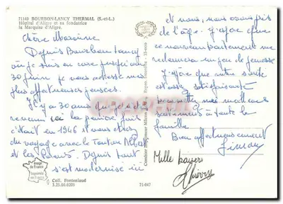 Bourbon-Lancy — Hospital d'Aligre e sua fundadora, a Marquesa d'Aligre — Cambier Imprimeur Mâcon — Verso