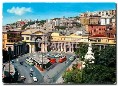 Genebra - Estação Príncipe — vista da estação e da praça com ônibus e estátua — editor F.lli Pagano, n° 418