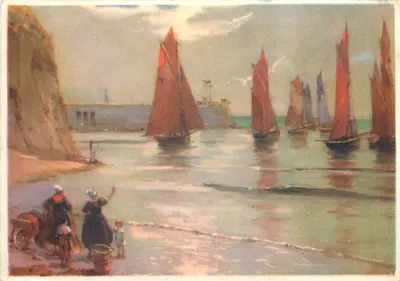 Praia de pescadores com velas vermelhas — vista do porto — editor não identificado