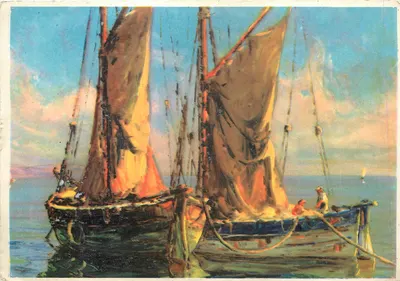 Dois navios a vela no horizonte — pintura — editor não identificado