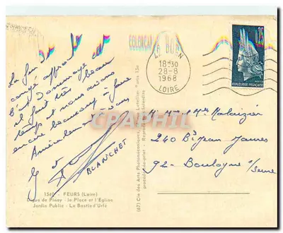 Bilhete postal moderno Feurs Loire Digue de Pinay A Place e a Igreja Jardin Public La Bastie d'Urfe — Verso