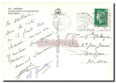 Jardin public et montagnes de Sainte-Agnès — Menton — Éditions d'Art Montulet — Rewers