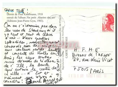 Beijos do Ano Novo. — Desenho de Paul Kauffmann, 1918 — extrato do álbum Nos Pequenos Alsacianos em Casa (Edições Jean-Pierre Gyss, 1983) — Verso
