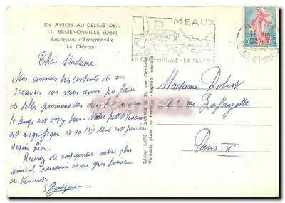 Bilhete postal moderno Em avião acima de Ermenonville Oise acima de Ermenonville O Château — Verso