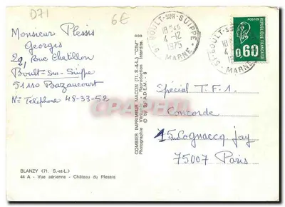 Zamek w Plessis — widok z lotu — Wydawca Combier, Blanzy — Rewers