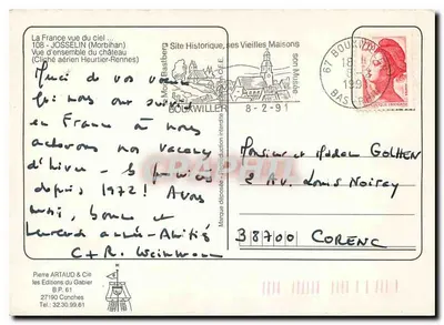 Castelo de Josselin — vista aérea — Pierre ARTAUD & Cie, B.P. 61, Conches — Verso