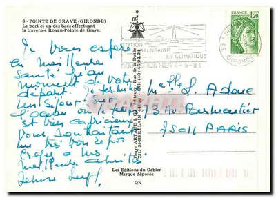 Ponta de Grave (Gironde) — O porto e um dos balsas realizando a travessia Royan-Ponta de Grave — Éditions du Gabier — Verso
