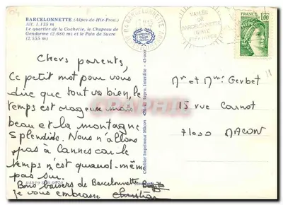 Barcelonnette (Alpy Wysokie Prowenckie) — widok z lotu ptaka dzielnicy Gendarme i gór — wydawca Cambier Imprimeur Milcon — Rewers