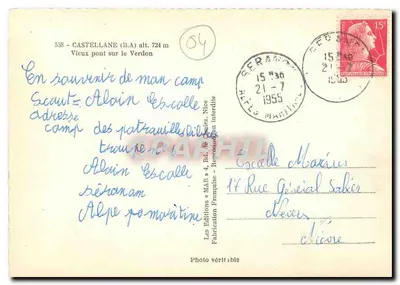 Castellane (B.A.) — Viejo puente sobre el Verdon — Ediciones MAR, Nîmes — Reverso