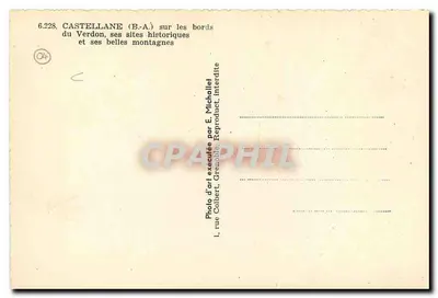 Castellane (B.A.) — na brzegach Verdonu, jego zabytkowe miejsca i piękne góry — fotografia artystyczna autorstwa E. Michallef, Grenoble — Rewers