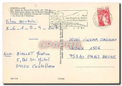 Castellane — Cidade histórica na Rota Napoleônica — Éditions du Parc Impérial, n° EB 112 — Verso