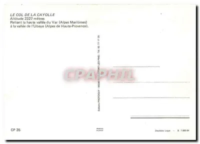 Paso de la Cayolle — 2327 m — Ediciones Photoglyv — Reverso