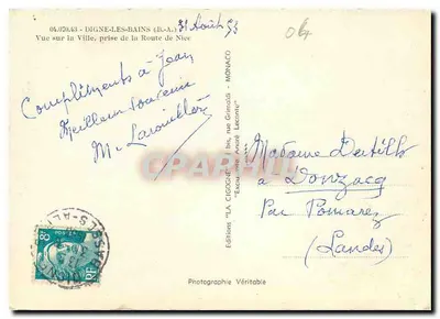 Widok na Digne-les-Bains — droga do Nice — wydawca 'LA CIGOGNE' n°064 — Rewers