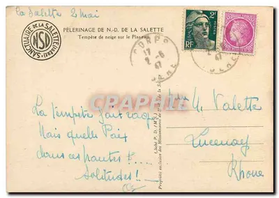 Bilhete postal moderno Pelerinagem de Nossa Senhora da Salette Tempestade de neve no Planeau — Verso