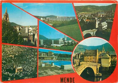 Mende — vista panorâmica com igreja, piscina, ponte e montanhas — Sociedade das Cartas Postais Retroatividade Proibida