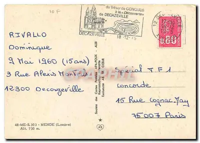 Mende — vista panorâmica com igreja, piscina, ponte e montanhas — Sociedade das Cartas Postais Retroatividade Proibida — Verso
