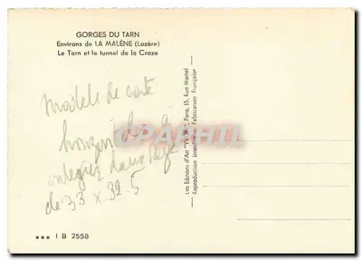 Góry Tarnu — Okolice La Malène (Lozère) — Tarn i tunel Croze — Wydawnictwo Sztuki 'RV ON' Paryż — Rewers