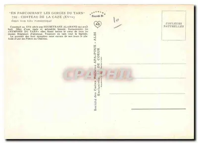 Kasteel van La Caze — Gorges van de Tarn — Société des Cartes Postales APA-POUX-DE-COEUR, proces 81 — Achterkant