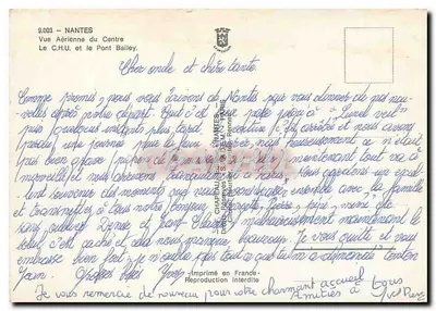 Nantes — Luftbild des Zentrums. Das C.H.U. und der Pont Bailey — Verlag: Château du S. D.E.M. Nantes — Rückseite