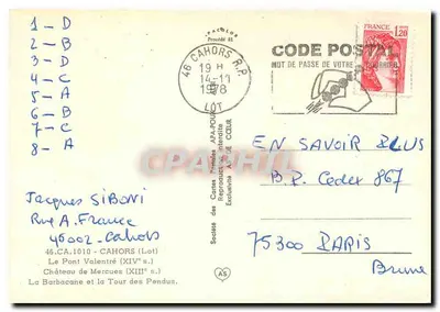 Cahors — Pont Valentré, castelo e cidade — Sociedade das Cartas Postais APA-POUQUET — Verso