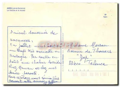 Agen (Lot-et-Garonne) — O teatro e o museu — editor IRIS, n° 89 — Verso