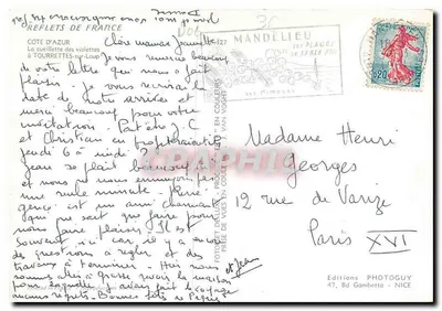 Côte d'Azur — zbieranie fiołków — Wydawnictwo Photoguy, Nice — Rewers