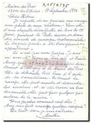 Casa dos Pinheiros — Les Ollières — Carta postal com carta manuscrita — Verso