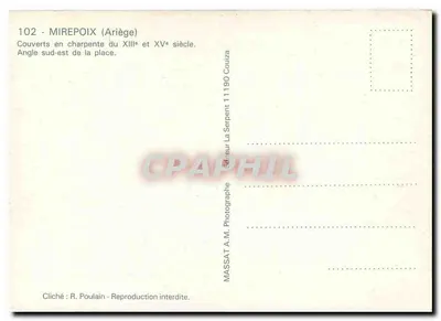 Mirepoix (Ariège) — Pokryte dachami budynki z XIII i XV wieku — południowo-wschodni róg placu — wydawca A.M. Massat, Couza — Rewers