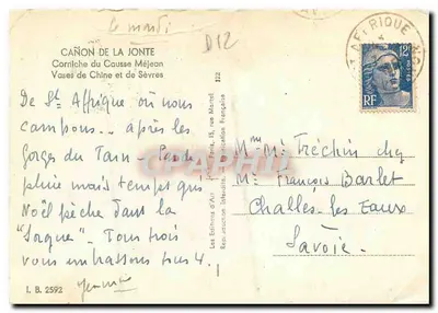 Cañon de la Jonte — Corniche do Causse Méjean — Vasos de Chine e de Sèvres — Editor: Les Éditions d'Art, Reprodução Impressa — Verso