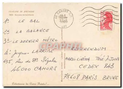 Folclore da Bretanha — Toque de bombarda — Éditions d'Art 'Jack' n°1223 — Verso