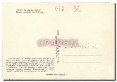 Grignan (Drôme) — Fachada principal del Castillo — Ediciones J. Cellard — Reverso