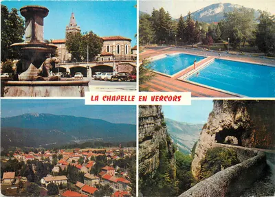 La Chapelle-en-Vercors — vista panorâmica, piscina, fonte e falésia — Sociedade de Difusão & r. Sergeni Bobillot
