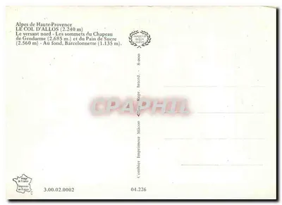 Alpy Wysokie Prowenckie — Przełęcz Allos — wydawca Drukarnia Combier, Macon — Rewers