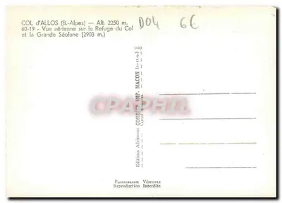 Przełęcz Allos (Północne Alpy) — Widok z lotu nad schronem na przełęczy i Wielką Séolaną (2903 m.) — Wydawnictwo Aériennes Combier, Maccon — Rewers