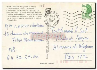 Moret-sur-Loing — collage z zabytków i krajobrazów — Wydawnictwo GUY, nr 10 F — Rewers