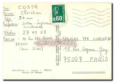 Bilhete postal moderno Dois Sêvres Melle Castelo de Melzear — Verso