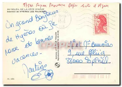 Hyères — vue panoramique, oiseaux sur le quai, rue bordée de palmiers — Éditions J.P. Azur Toulon — Rewers