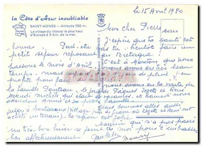 Saint-Agnès — O vilarejo do litoral mais alto da Europa a 3 km do mar — editor Rian, número de série não visível — Verso