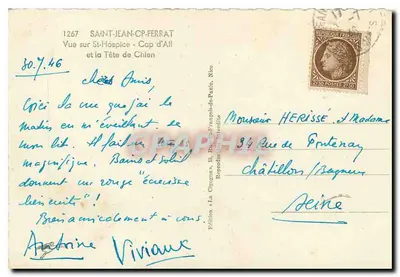 Vista de St-Hospice - Cap d'Ail e a Tête de Chilen — Edição A Coruja, Nice, n°1267 — Verso