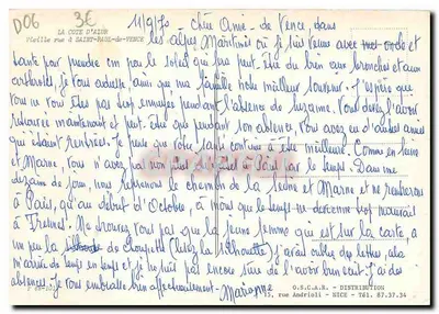 Velha rua em Saint-Paul-de-Vence — A Côte d'Azur — editor O.S.C.A.R. - Distribuição, Nice — Verso