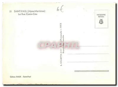 Saint-Paul (Alpes-Maritimes) — A Rue Casse-Cou — Edição Baux — Verso